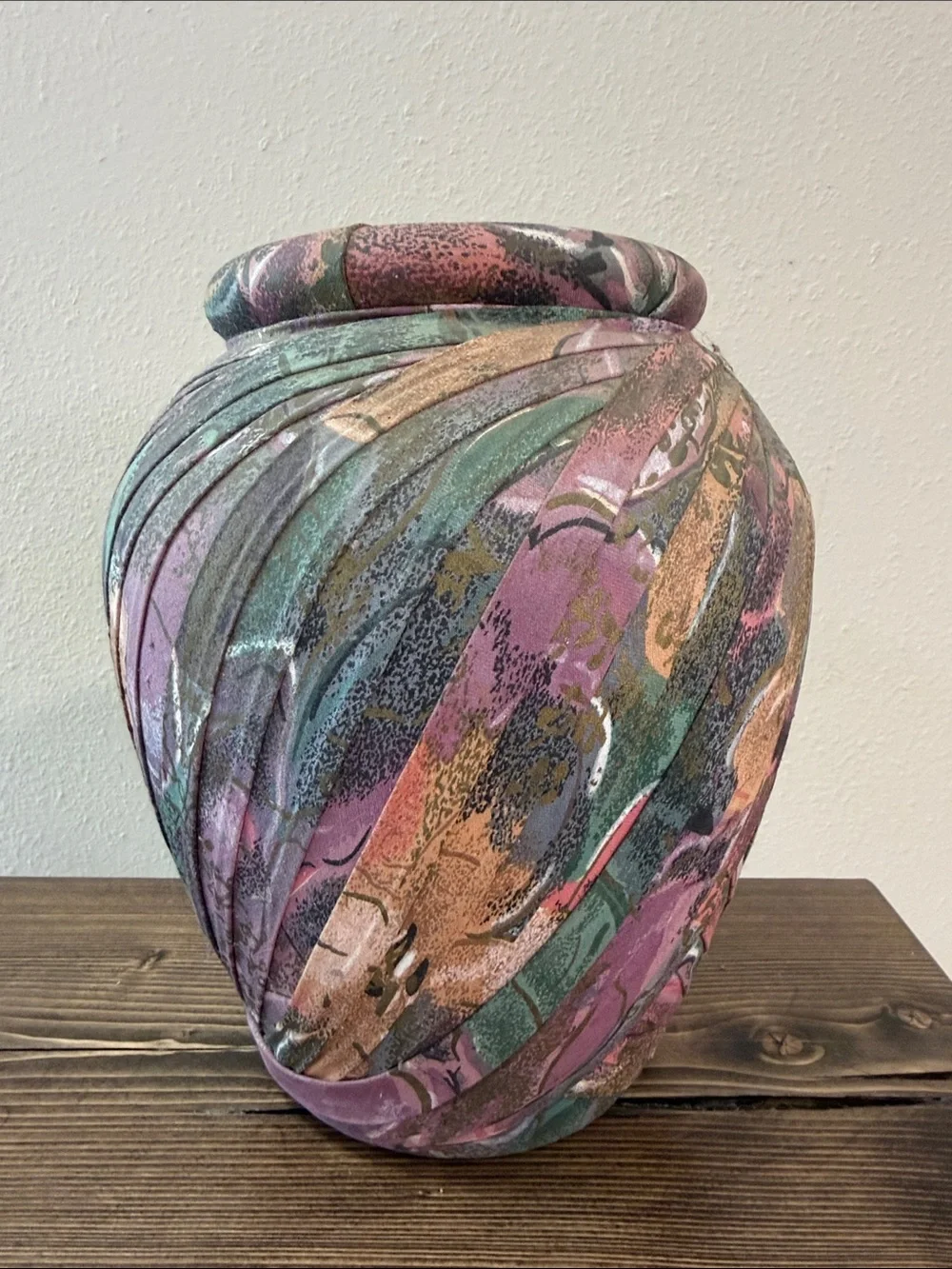 Vintage Fabric Wrapped Vase Planter Boho Abstract Multicolor Art Decor